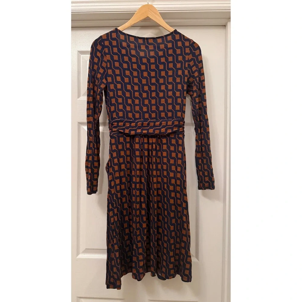 Boden Jersey Dress Women 4R Navy Blue Rust Geometric Long Sleeve Pocketed